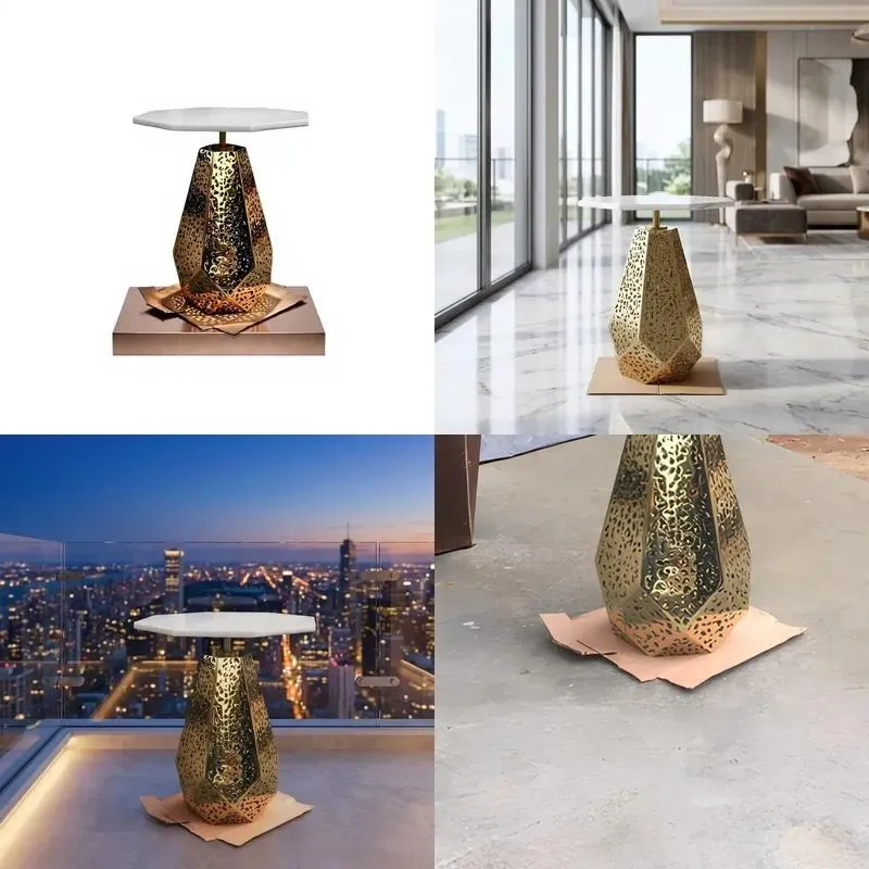 Rose Gold Plated Stainless Steel Side Table with Marble Top Modern Metal Decorative End Table for Bedroom Living Room