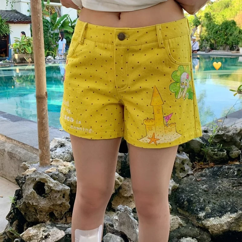 Original Design 2025 Summer Women's Clothing Yellow Polka Dot Print Casual Pants Sweet Cute Versatile Thin Denim Shorts Ladies