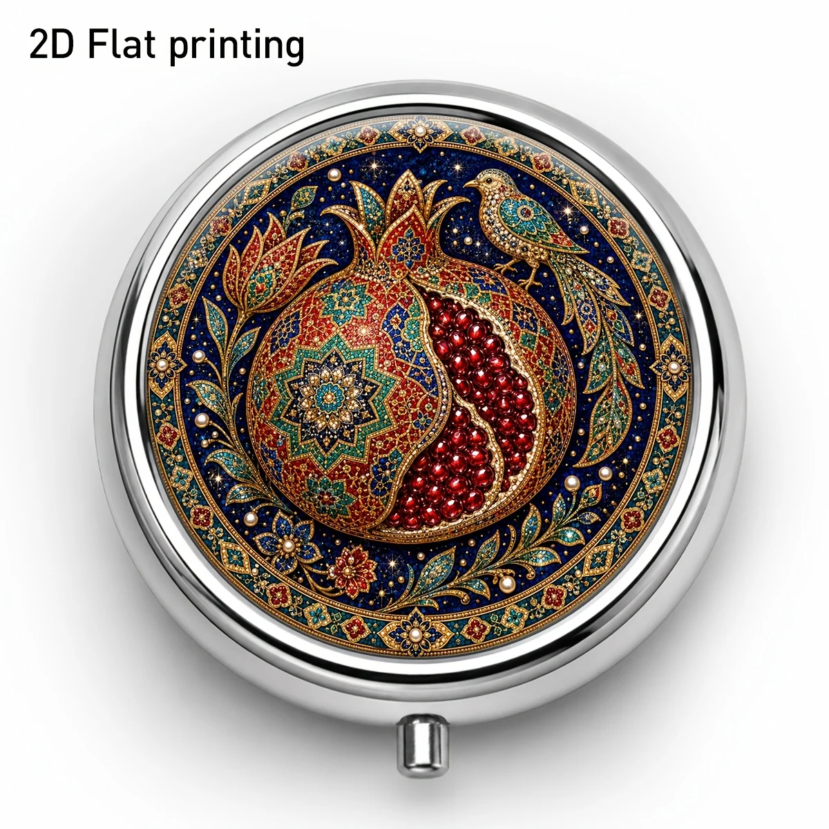 Single pack, flat print, dark grapefruit and floral pattern round small box, artistic style, round metal portable storage box, three-compartment design, convenient for organizing medication, vitamins, and small items