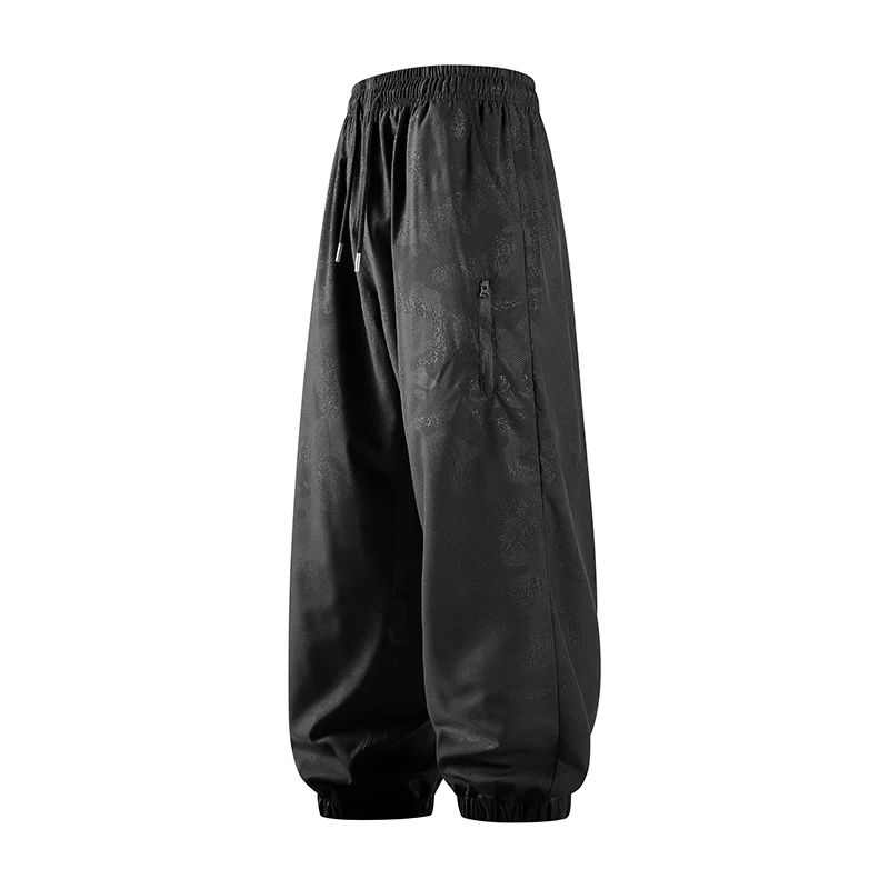 Men's Subtle Pattern Jogger Pants, Drawstring Elastic Waist, Side Zipper Pocket, Smooth Fabric, Loose Balloon Fit, Outdoor Street Trend Versatile Casual Trousers