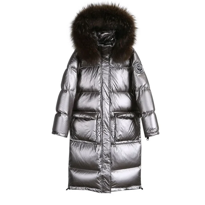 New Women Down Cotton Coat Winter Jacket Female Bright Face Knee Length Parkas Hooded Outwear Thicken Fur Collar Overcoat