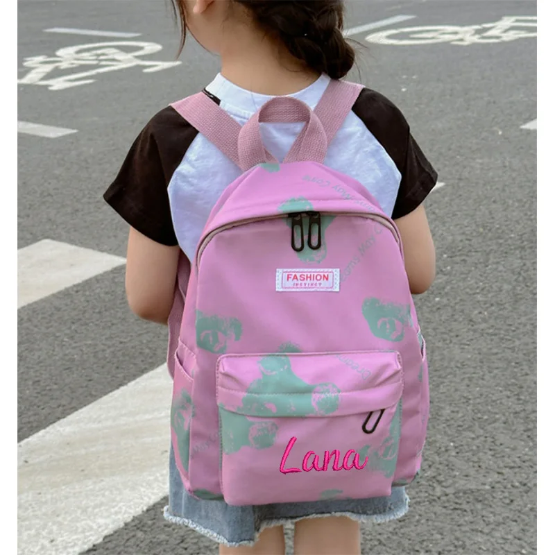 Mochila de guardería con nombre personalizado para niños, mochila con estampado de oso de peluche, mochila ligera y transpirable para estudiantes