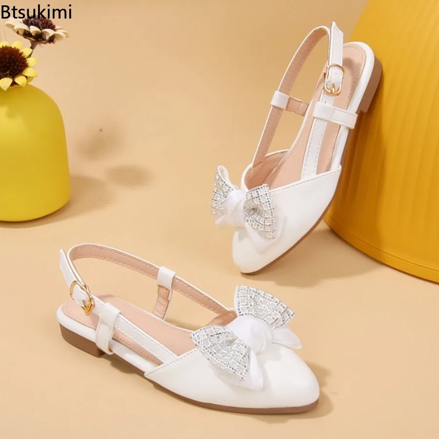 Girls' Bowknot Sandals 2026 Summer New Pointed Toe Low Heel Fashionable Party Princess Shoes Baotou Soft Soled Casual Sandals