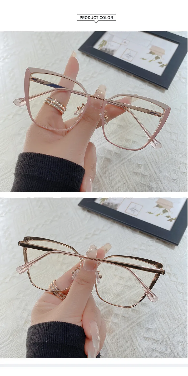 Neue Mode Marke Design Retro Cat Eye Rahmen Photochrome Anti Blau Licht Computer Frauen Lesebrille Weitsichtige Dioptrien 0-6 – Detail 12