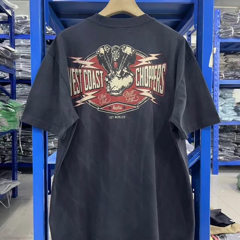 

West Coast Choppers Engine Graphic T-Shirt Men Distressed Washed Retro Biker Streetwear Tee