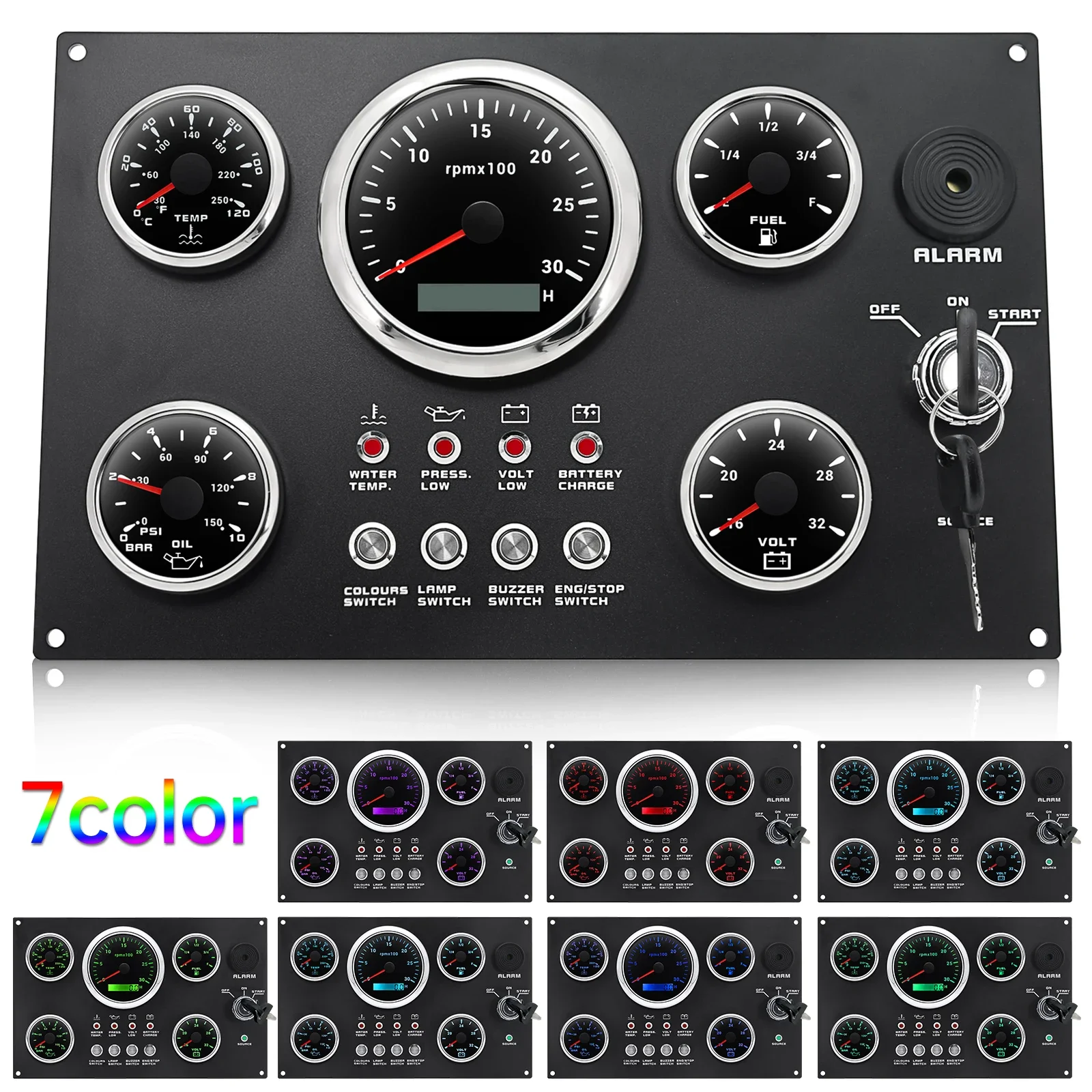 85MM Tachometer Marine Diesel Engine Dashboard With 52mm Oil Pressure+Fuel Level +Water Temp+Voltage Gauge 12V /24V Sensor