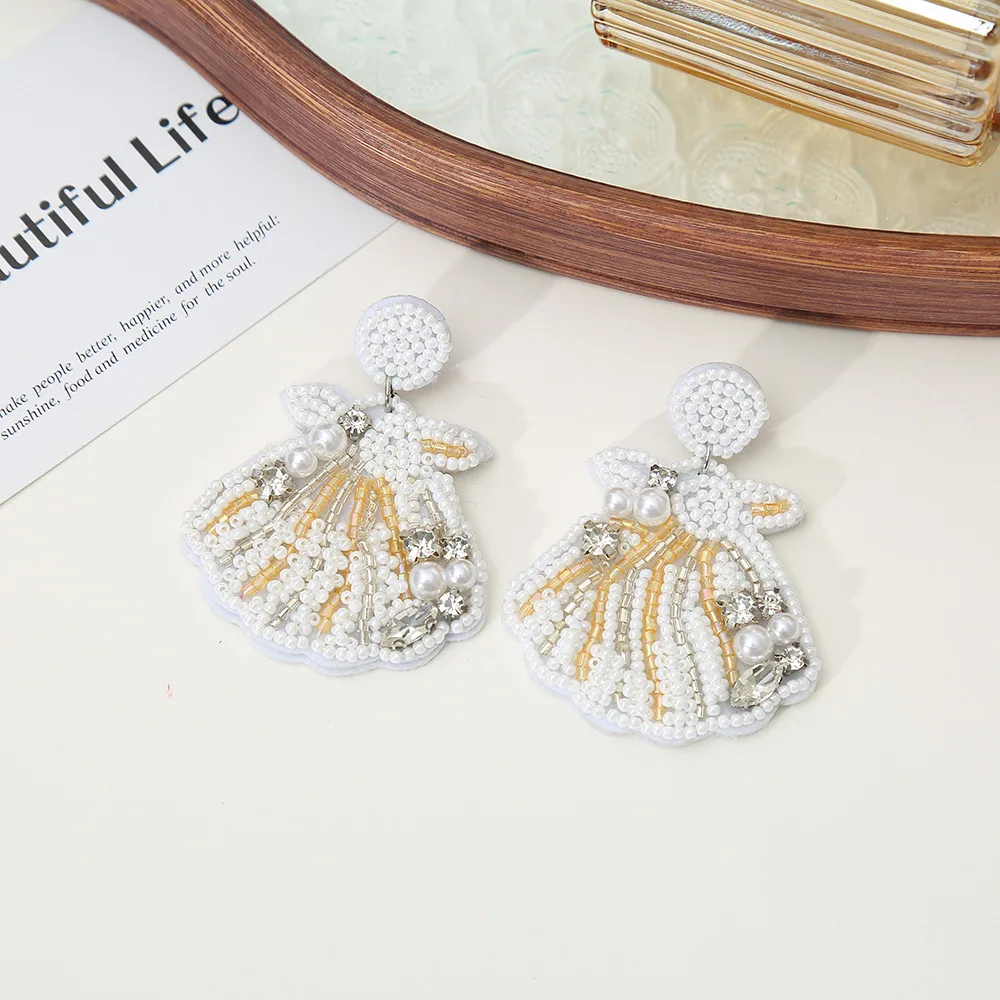 Beaded earrings Originality Fabric art Bohemia Sea star Sea shell Design Whelk Hand knitting AlloyTide Female Rice bead earrings