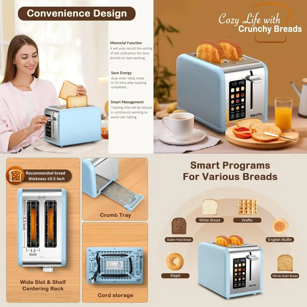 

Тостер из нержавеющей стали на 2 ломтика, 1,5 слота, 120В 825Вт, цвет «Ледяной синий», для багелей, маффинов, вафель, безглютеновых хлебов, с функцией разморозки