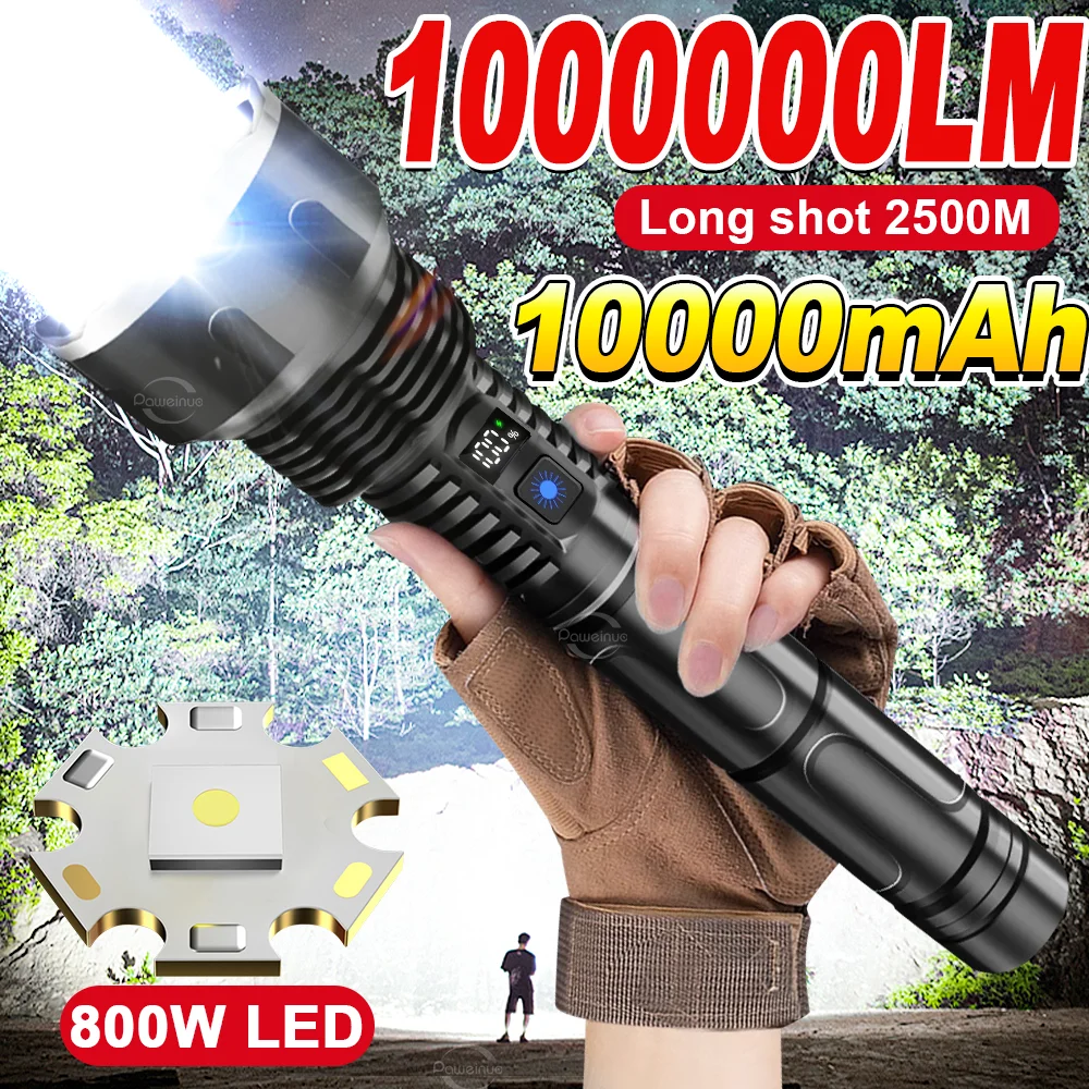 10000mAh Ultra Powerful LED Flashlight 800W White Laser Tactical Flash Light USB Rechargeable High Power Torch Camping Lantern