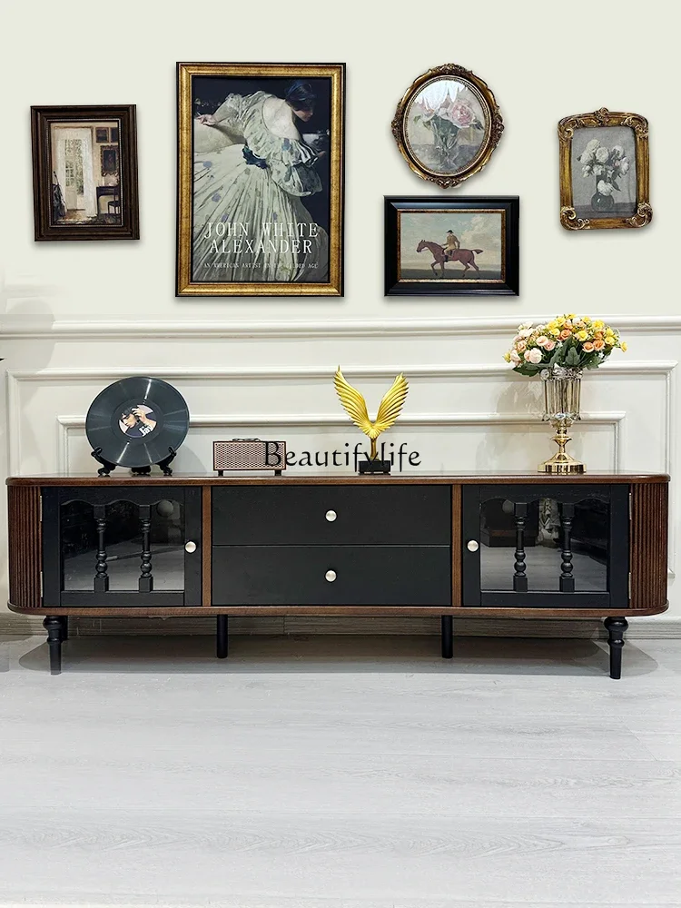 

yj19 French Retro Pure Solid Wood TV Cabinet Black American Style Small Apartment Living Room Floor Cabinet