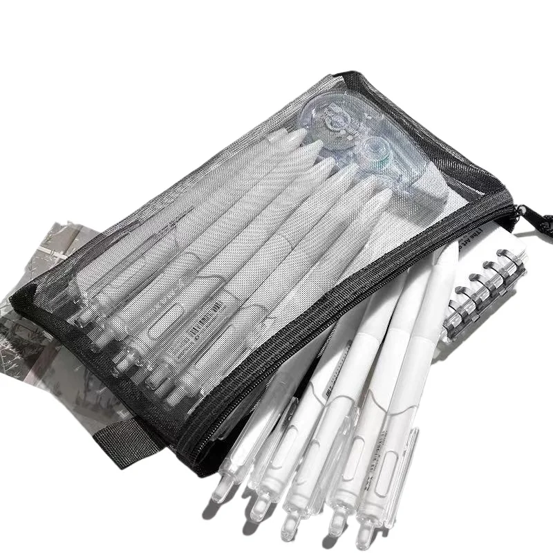 1Pc Simple Clear Mesh Pencil Bag Zipper Single Layer Stationery Cosmetics Organizer Pouch Travel Earphone Card Cable Storage Bag