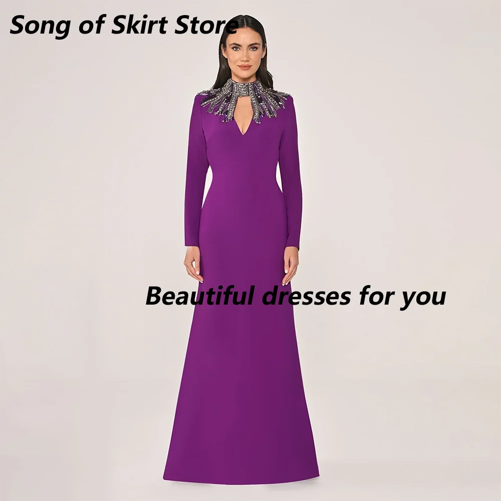 

Purple Prom Dress Luxury Crystal High Neck Long Sleeve Mermaid Jersey Saudi Arab Prom Gown Formal Occasion Gown Customized