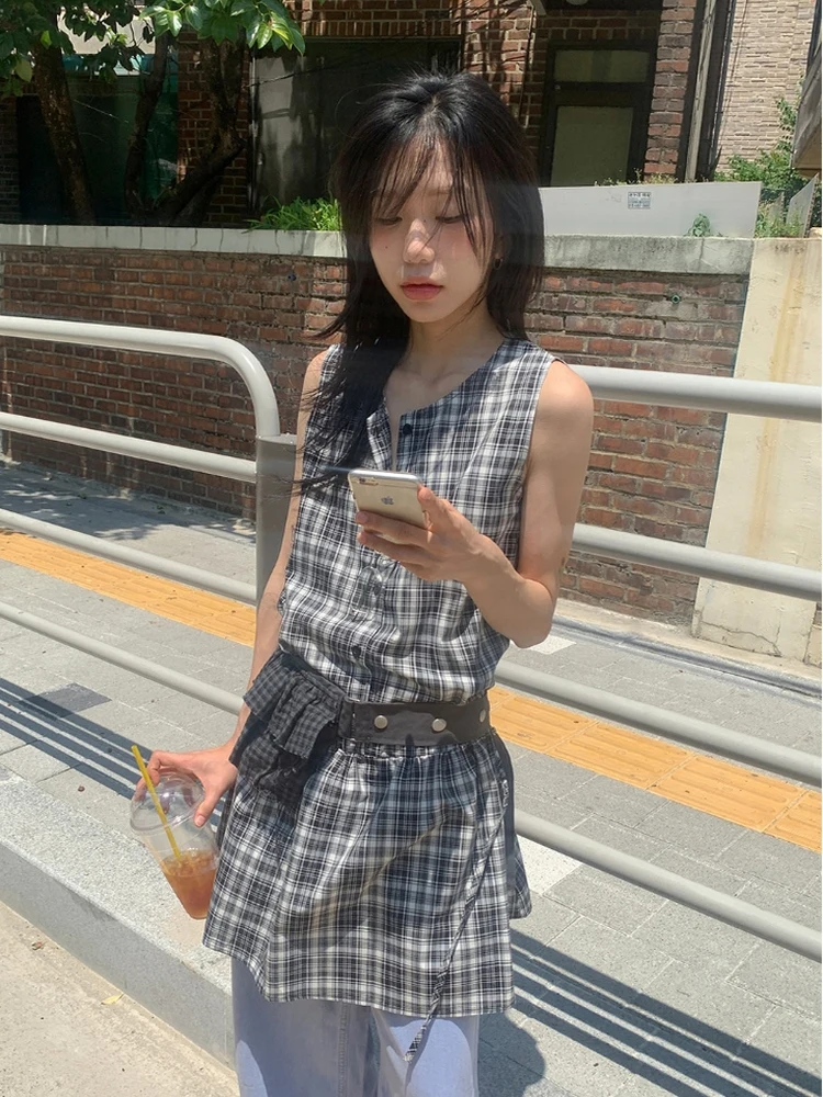 Dames Plaid Svel Vest Dr Hoge Taille A-lijn ort Rok Trendy Dstring Afslanken ter Ne Zomer Katoen Dr