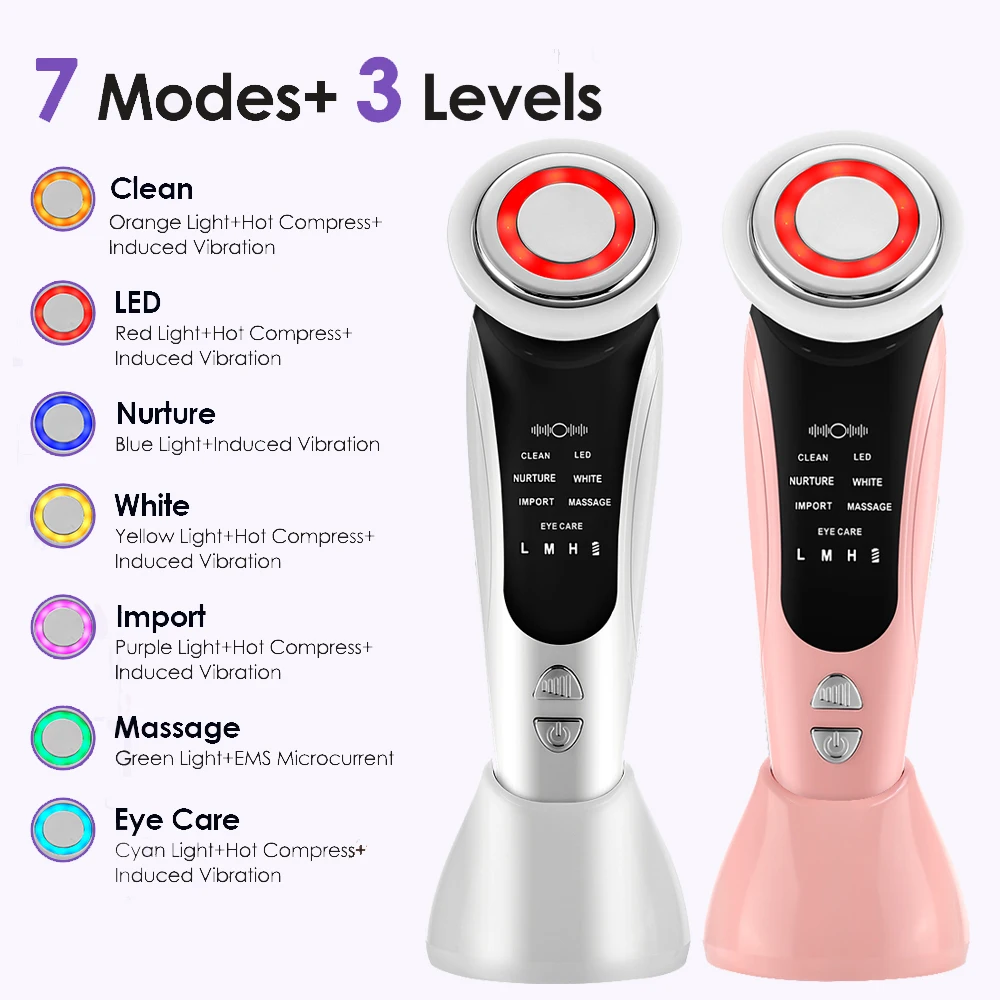 7 In 1 EMS Facial Massager Vibration Heated LED Light Therapy Face Lifting Device Wrinkle Remover Skin Rejuvenation Neck Firming