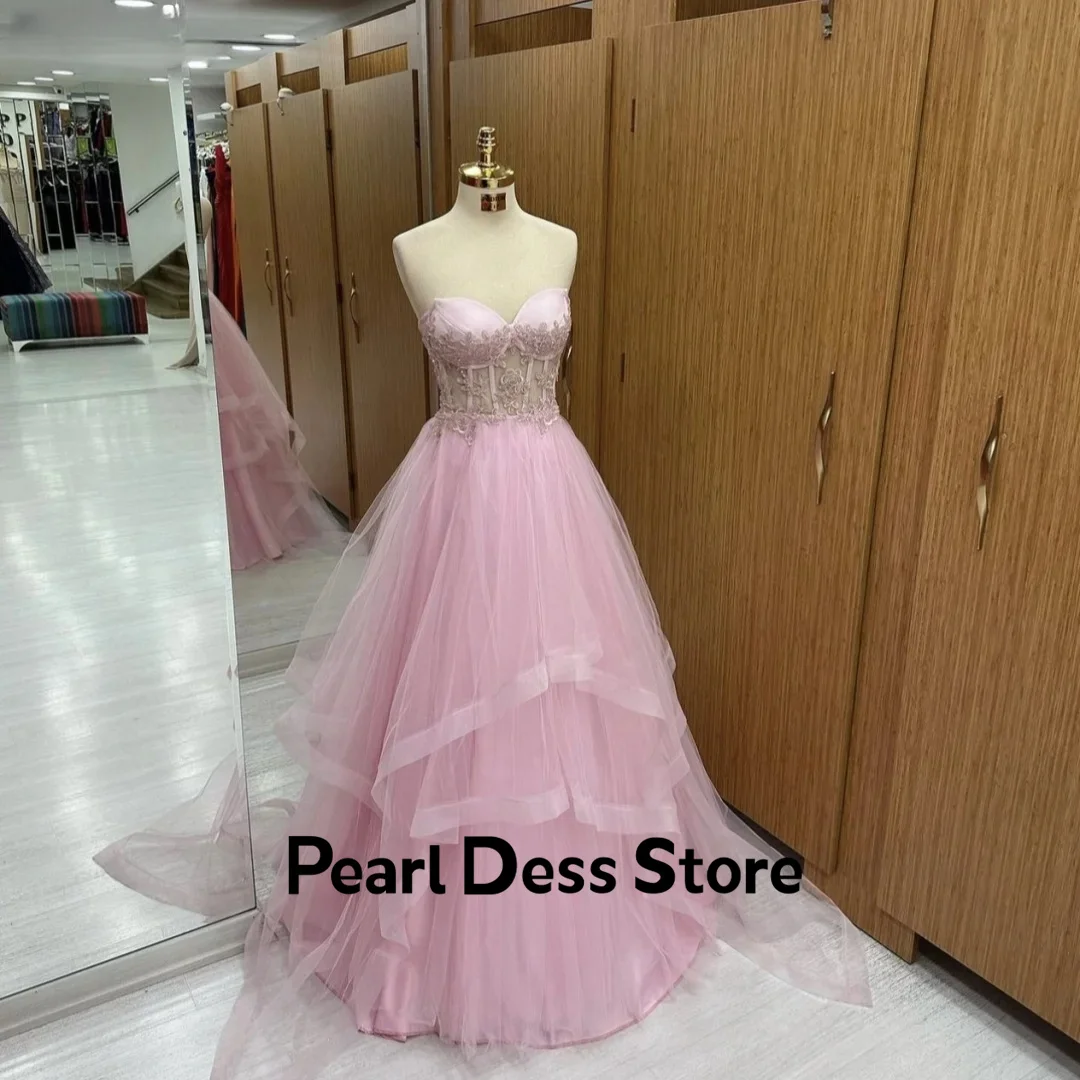 Pink Ball Dress 2024 Tulle Sticker A-line Evening Dress Birthday Wedding Formal Occasion Dress