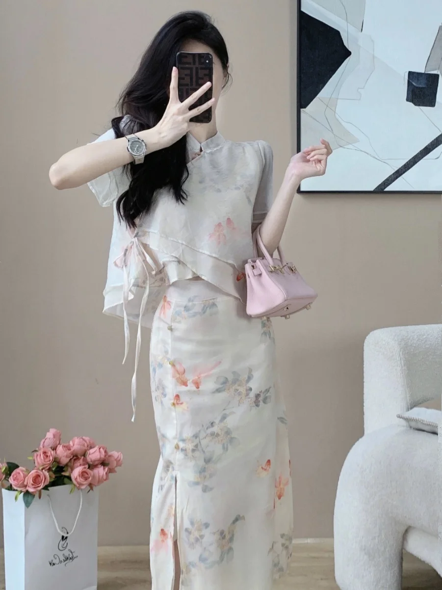 

Elegant New Chinese Style Floral Print Set Short Sleeve Top Half Length Skirt Summer Fashion Women's Clothing Sweet Fit Size