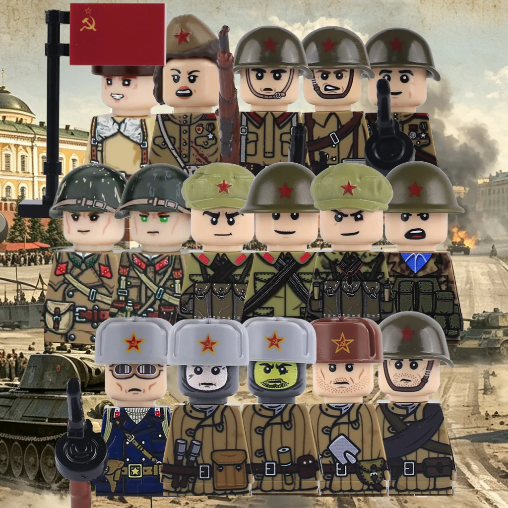 MOC WW2 UV Sowjetische Figuren Bausteine Armee Rote Armee Offizier Weibliche Sanitäterin Schlachtfeld-Doktor Flagge Waffen Gewehr Umhang Bausteine Spielzeug