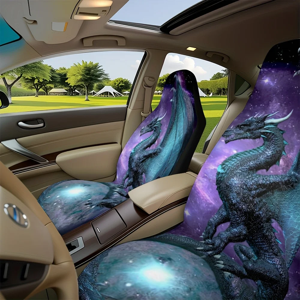 2pcs Fantasy Dragon For Galaxy Stars Night Car Seat Covers - Durable, Washable, Fits Cars, SUVs, Trucks - Vibrant Purple & Desig