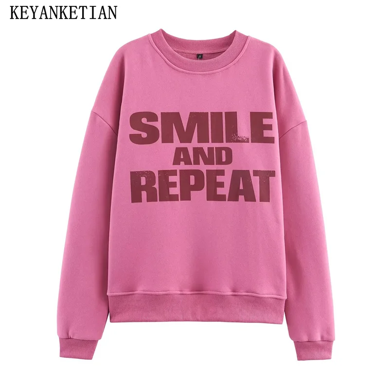 

KEYANKETIAN Autumn New Women's Casual Letter Printed Round Neck Long Sleeved Fleece Sweatshirt Women Top Pullover