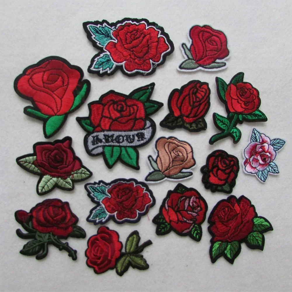 hot sale Iron-on Sew-on Patches Red Rose Flower Embroidery Motif Applique Women DIY Clothes Sticker Wedding Patch Ornament