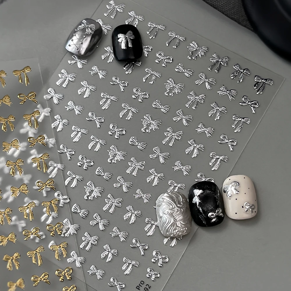 

Самоклеящиеся блестящие наклейки для ногтей Y2K: милые золотые/серебряные металлические бантики с 5D-эффектом и бронзовым тиснением