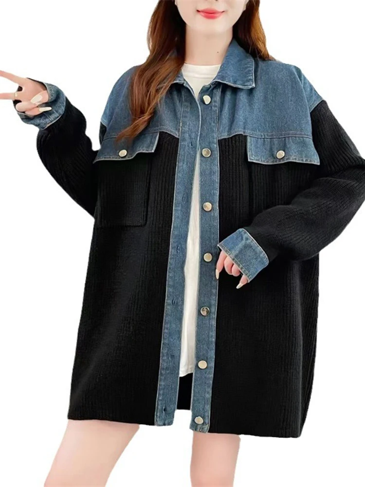 LANMREM Korean Denim Patchwork Sweater Coat For Women Lapel Single Breasted Mid Length Cardigan 2024 Autumn New Clothing 2Z2494