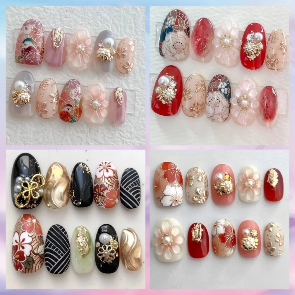 10 Uds. De uñas postizas hechas a mano con flores de lujo 3D limitadas, diseño de uñas postizas ovaladas medianas, uñas artísticas DIY con juego de uñas postizas