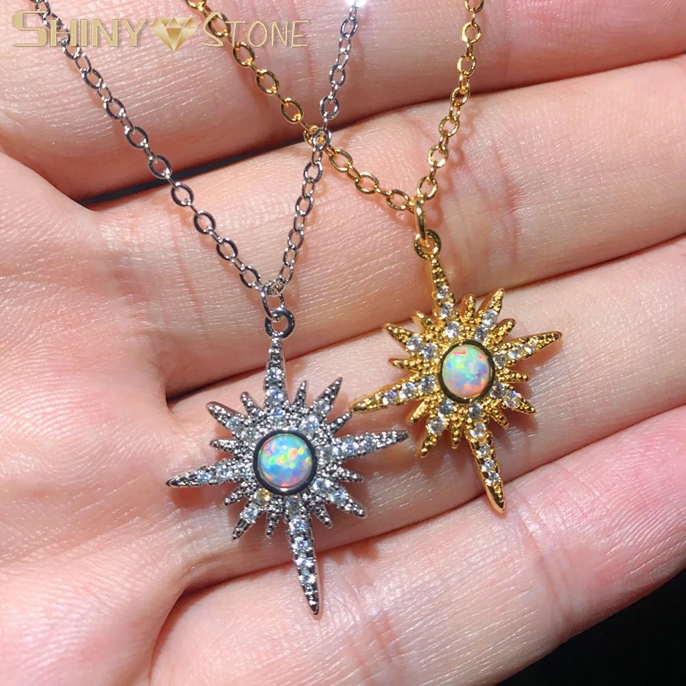 Newest Gold Color Pave Clear Cubic Zirconia White Fire Opal Star Pendant Valentine Gift Top Quality North Star Stunning Necklace