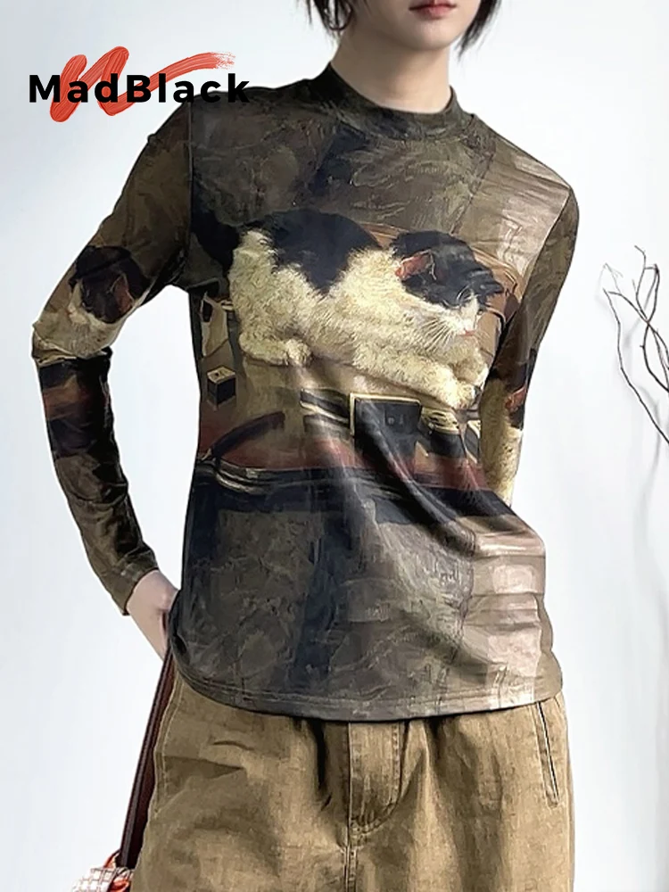 

MadBlack-Women European T-Shirt, Sexy Mock Neck Print, Fashion Modern Long Sleeve Slim M-2XL Elastic Tee, 2025 Winter T5N543CC