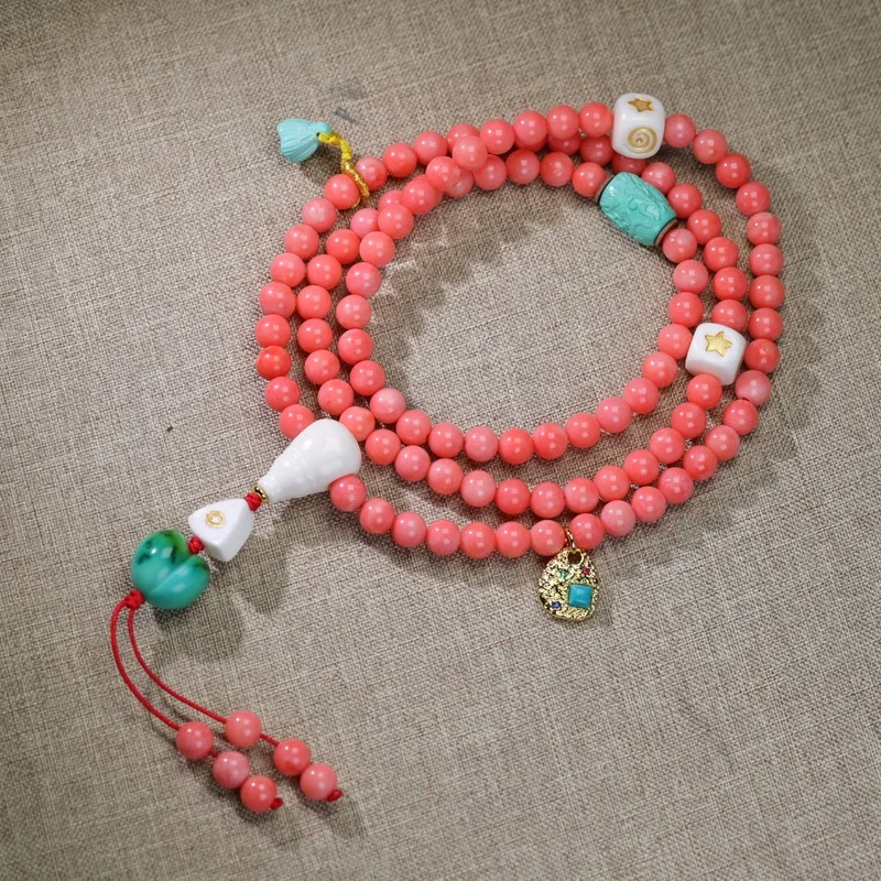 Multi-strand coral bracelet Tibetan-style sea bamboo DIY deer antler Buddhist prayer beads round bead necklace