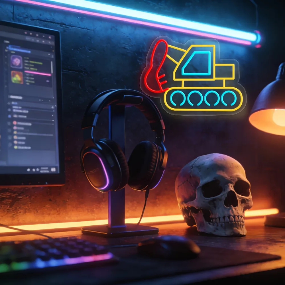 Bright Excavator Neon Sign for Kids Bedroom Room Man Cave Decor Dimmable LED Night Light with Vivid Colors Educational Toy Gift