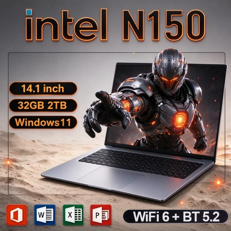 Portable 14.1 Inch Laptop Intel N150 32GB RAM 2TB SSD 1080P FHD Panel Windows 11 Ultra Thin PC For Work And Study