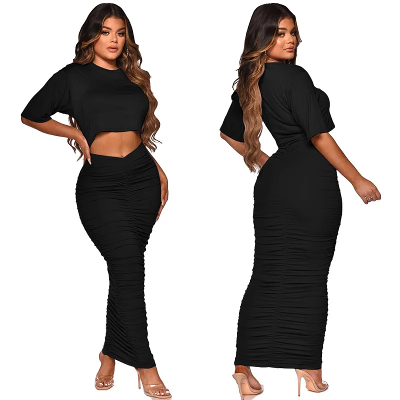 Solid Rib Knitt Two Piece Dress Sets Women O-Neck Short Sleeve Crop Top High Waist Stretch Bodycon Maxi Skirts Club Party Suits