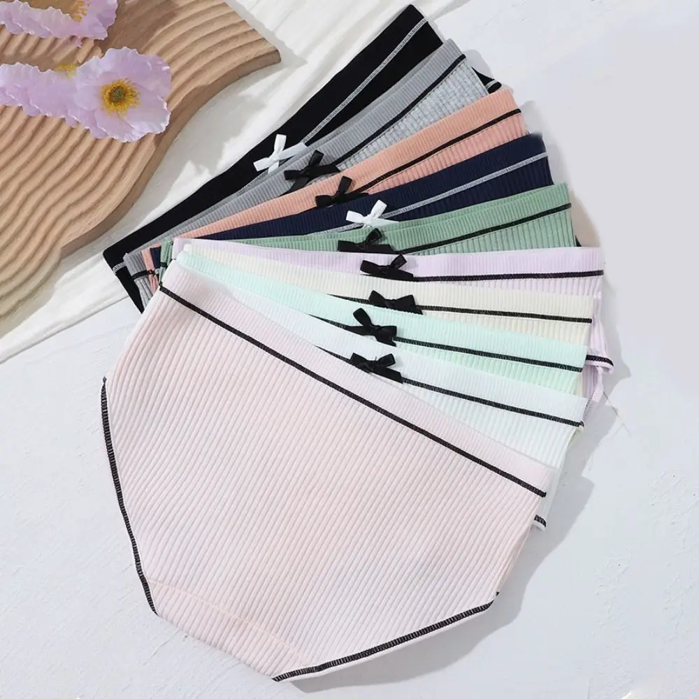 

10PCS Fashion Bowknot Solid Color Panties Stripe Oversized Underwear Women Underpants Breathable Low Waist Briefs Girl