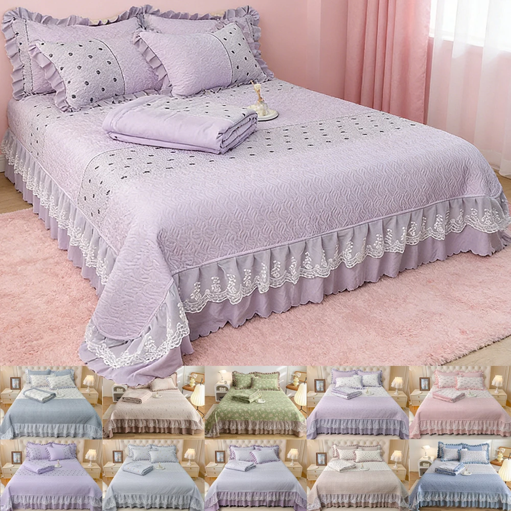 

1PC Comfortable Quilted Bedspread for Beds Super King Bed Cover with Lace Double Mattress Pad with Ruffles 침대 패드 ropa de cama