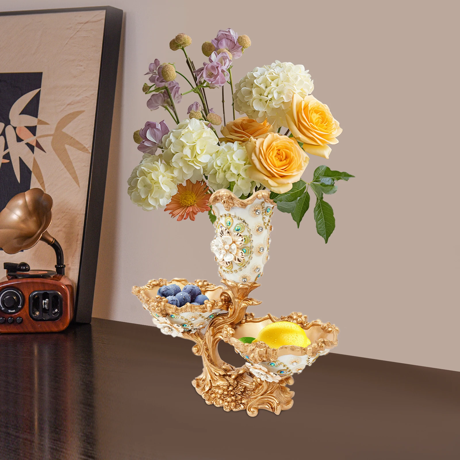 

Hand applied Diamond 2 Tiered Resin Fruit Bowl Plate 11 lbs hold candies fruits nuts dried fruits keys snacks small bread flower
