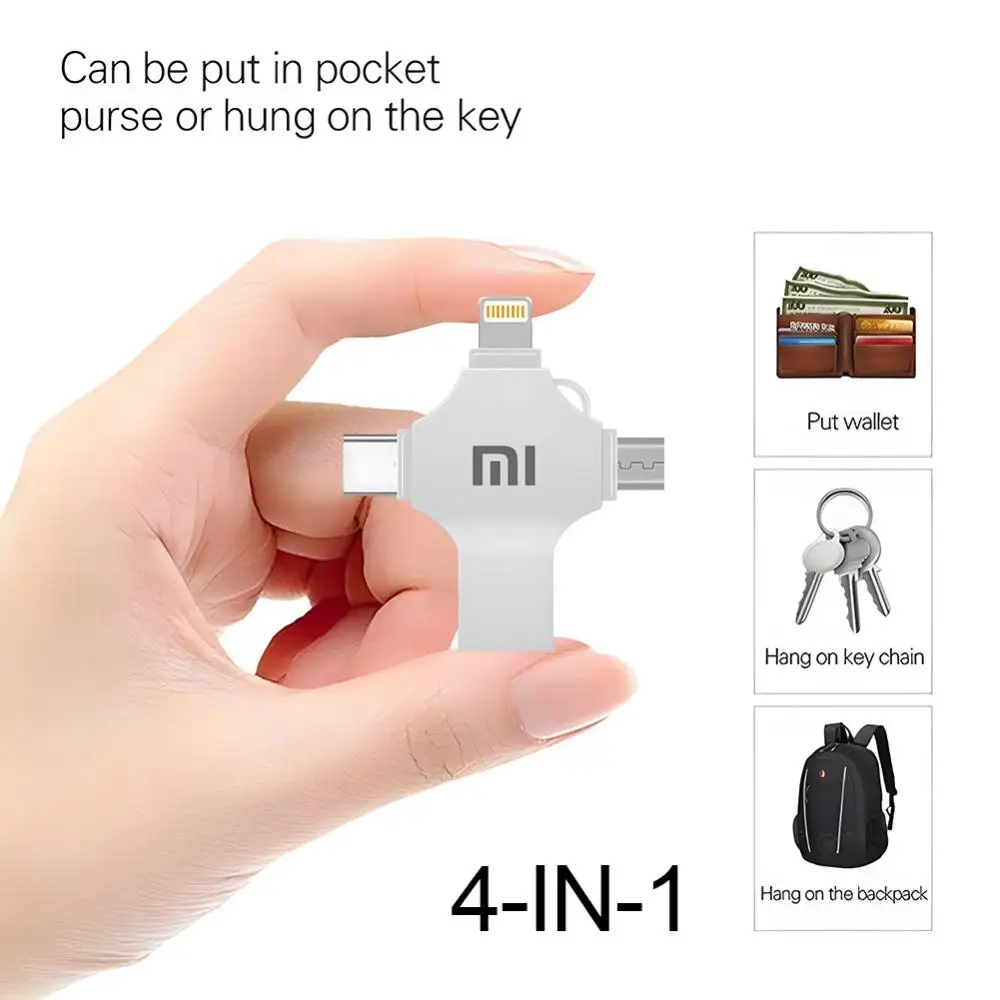 MIJIA-Xiaomi Tipo-C OTG USB Flash Drive, Memory Stick para iPhone, Android, PC, Micro USB 3.0 Pendrive, 4 em 1, 2TB, 3.0