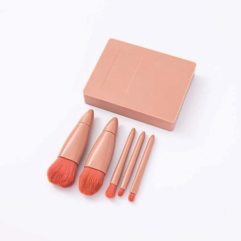 Mini brocha de maquillaje portátil Morandi box, 5 piezas con espejo de maquillaje, juego de brochas de maquillaje de viaje con corazón para niña