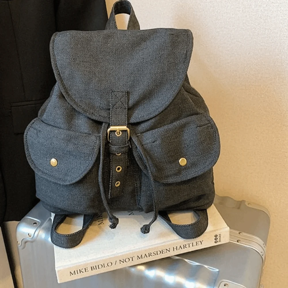 Korean Style Denim Drawstring Backpack Large Capacity Multi-pocket Oxford Cloth Shoulder Bag Versatile Waterproof