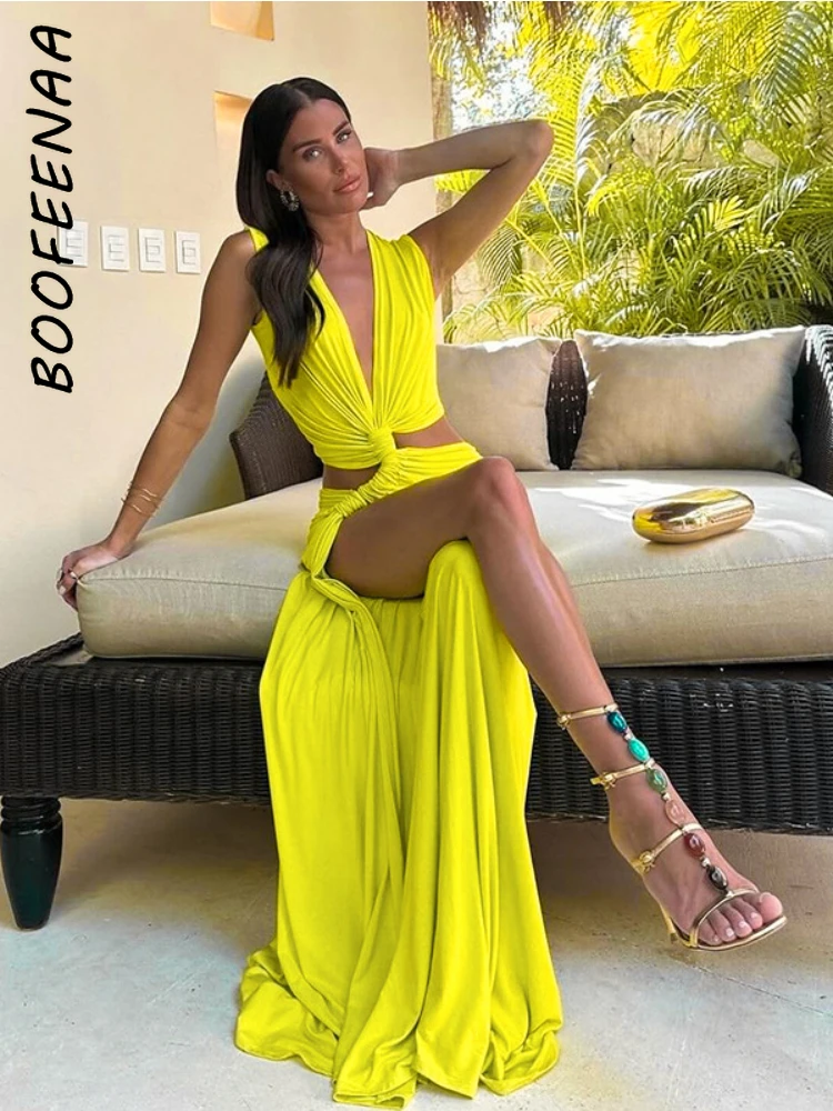 BOOFEENAA Sexy Deep V Cut Out Slit Maxi Dress Summer Outfits for Women Elegant Vacation Asymmetrical Long Dresses C85-DH29