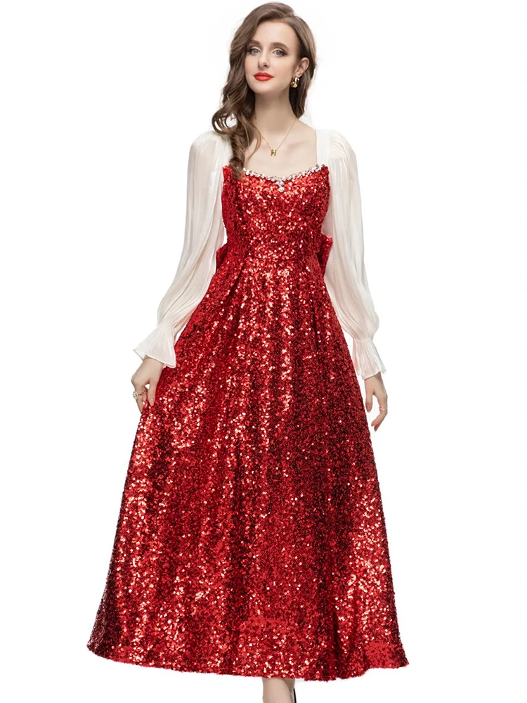 

Designer Women'S Elegant Party Dress Autumn New Red Sequin Embroidery Long Dress Formal Occasion Casual Fashion French Gorgeous