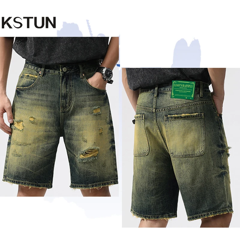 Men Denim Shorts Jeans Ripped Hip Hop Loose Fit Baggy Jeans Knee Length Summer Shorts Hollow Out Oversized Vintage Retro Blue