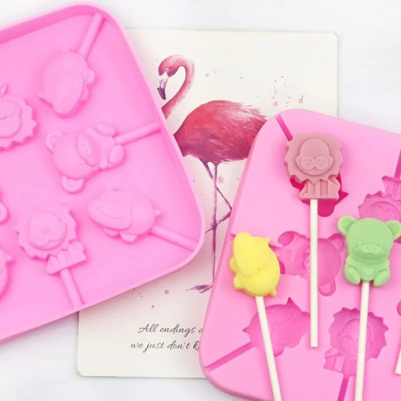 Lollipop Mold DIY Chocolate Hard Candy Cartoon Animal Silicone Mold Dinosaur Pig Elephant Bear with Candy Bag Lollipop Stick