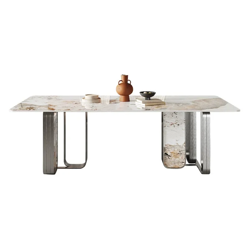 

Italian light luxury imported bright rock slab dining table and chair combination modern simple designer rectangle