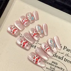 Handmade Press on Nails Sweet Pink Cat Eye Fake Nail Tips Chinese Cute Luck Lion New Year Gift Wearable Ins Fashion Fake Nails
