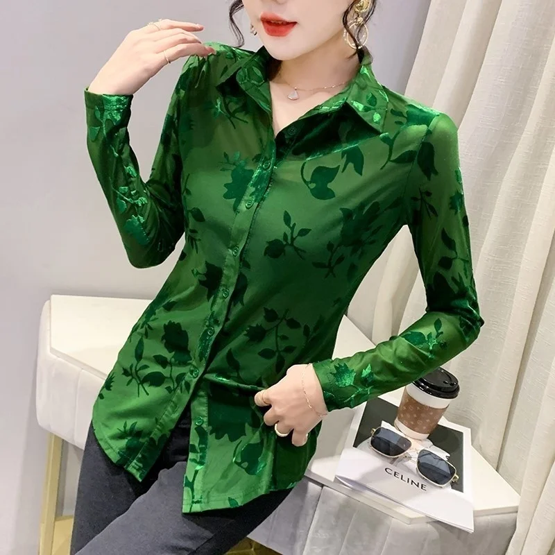 # 4204 Groen Zwart Sexy Mesh Shirt Vrouwen Dunne Casual Slim Perspectief Shirt Vrouwelijke Lange Mouwen Transparante Blouse Lente 2022