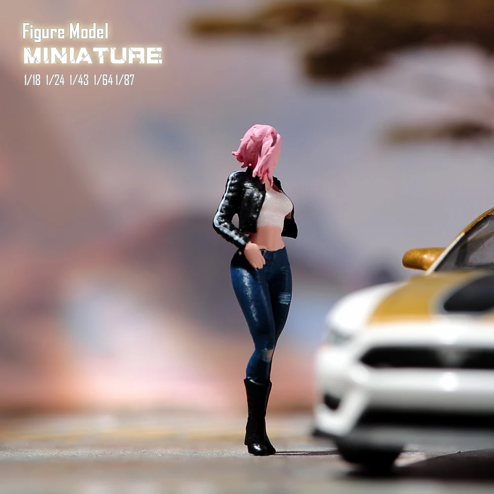 

Painted Miniatures1/18 1/24 1/43 1/64 1/87 A Pink Haired Girl Wearing A Black Leather Jacket Figure Model Toys View Decoration