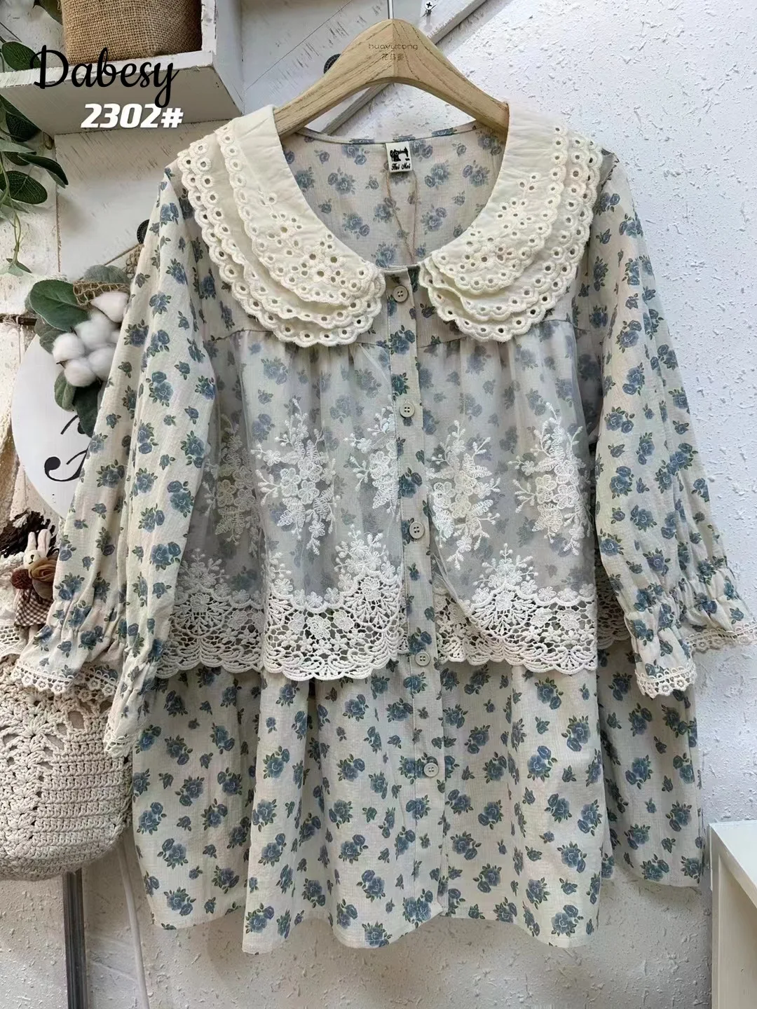 Japanese Mori Girl Flower Cotton Linen Tops Vintage Lace Peter Pan Collar Patchwork Shirt Summer Casual Single-breasted Blouses