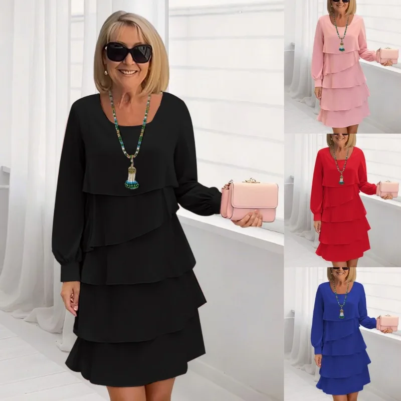 2026 Neues Damen-Chiffonkleid mit Lagenoptik, Langarm, Quadratischem Ausschnitt und Rüschen, Midi-Kleid, Lässige Frühjahr/Sommer-Mode