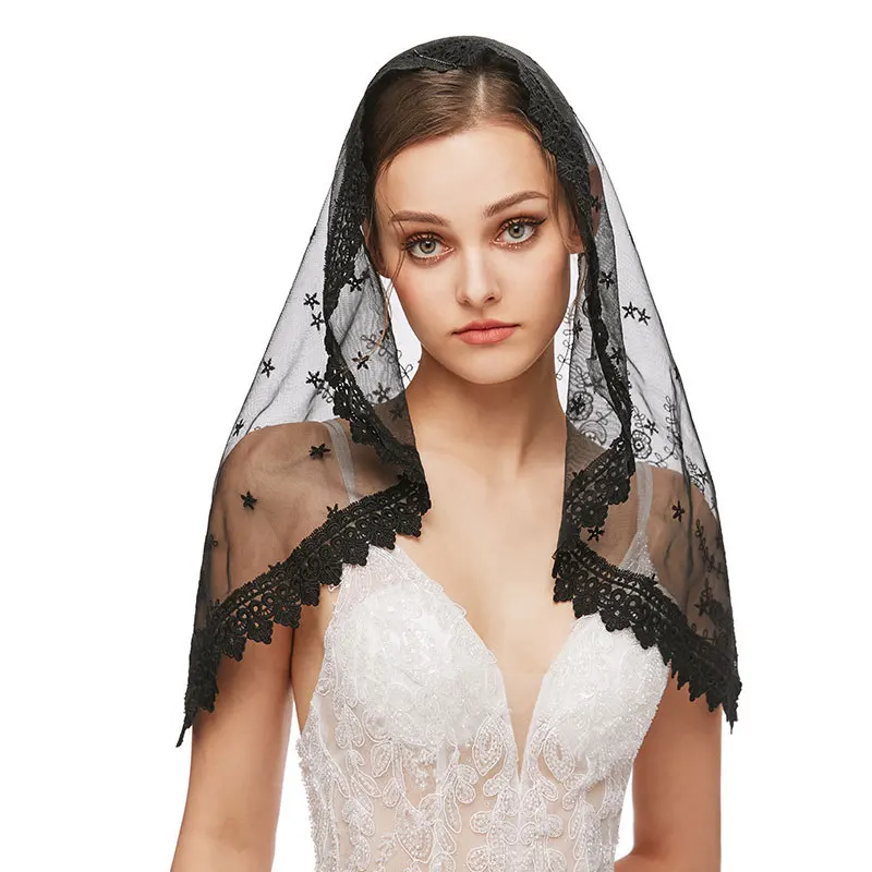 Elegant Wedding Bridal Hollow Out Lace Veil One-Layer Lace Edge Shawl White Black Women Triangle Muslim Headscarf